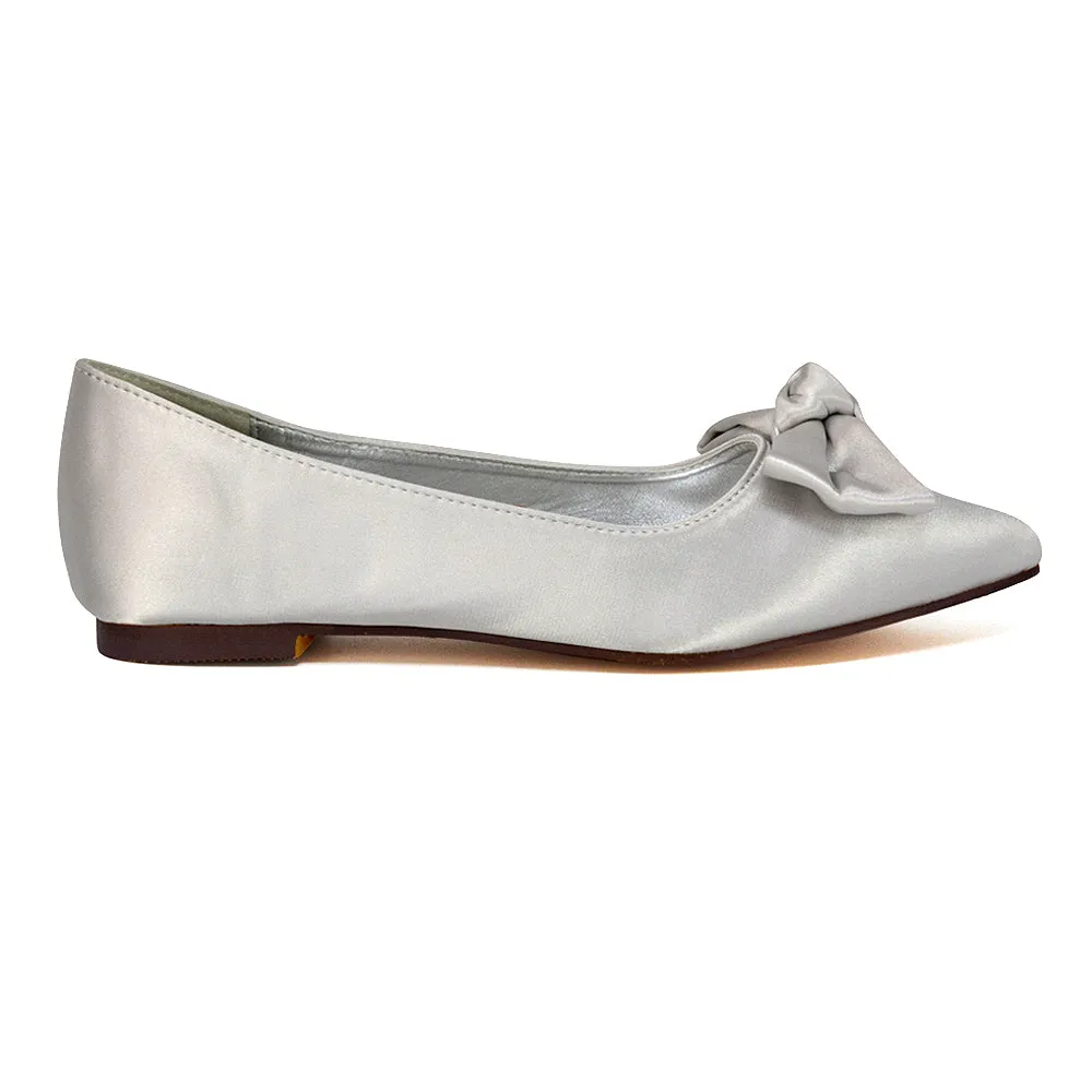 Cally Bow Detail Pointed Toe Ballerina Bridal Flats Pump Shoes in Black Satin