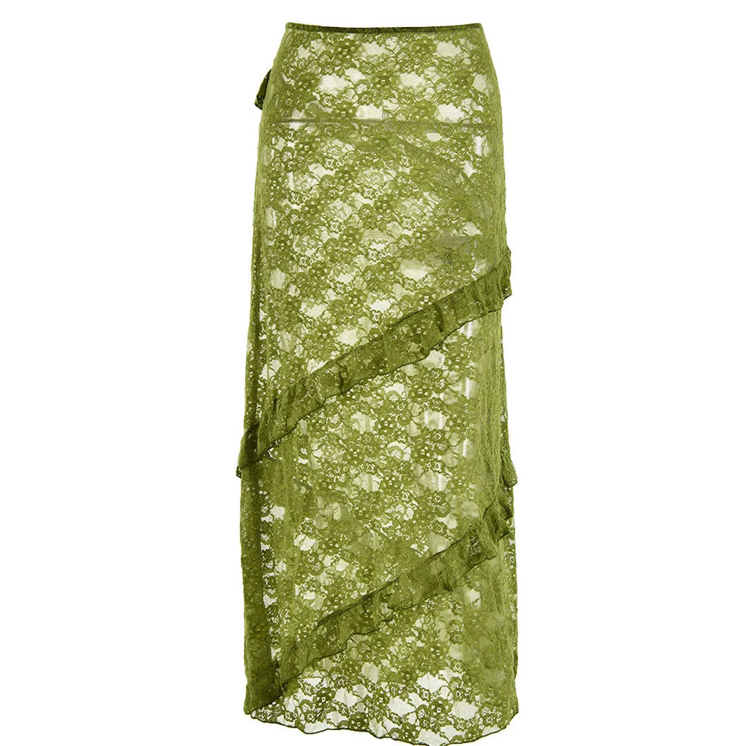Gothic Style High Waist Ruffle Fishtail Rose Lace Sheer Midi Skirt - Green