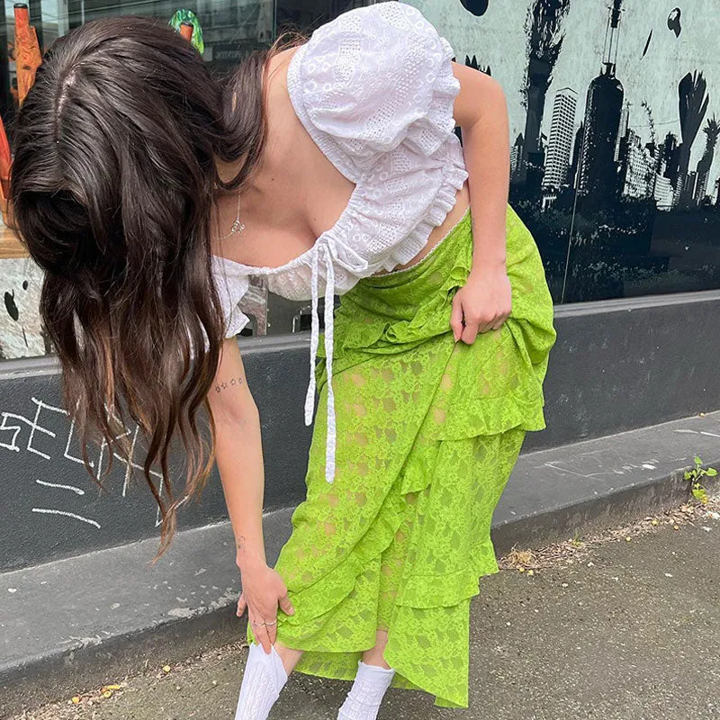 Gothic Style High Waist Ruffle Fishtail Rose Lace Sheer Midi Skirt - Green