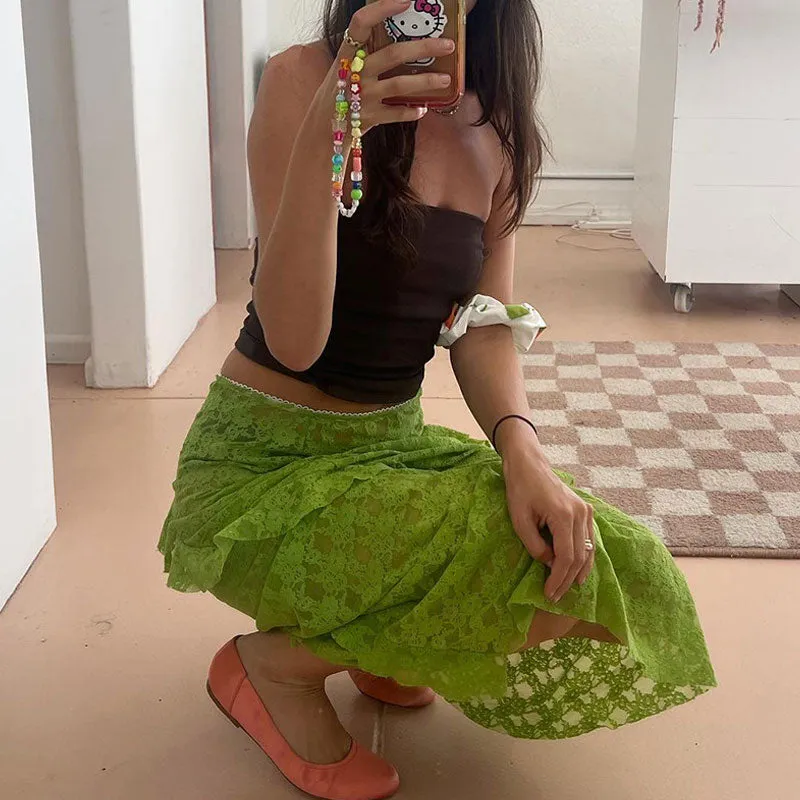 Gothic Style High Waist Ruffle Fishtail Rose Lace Sheer Midi Skirt - Green