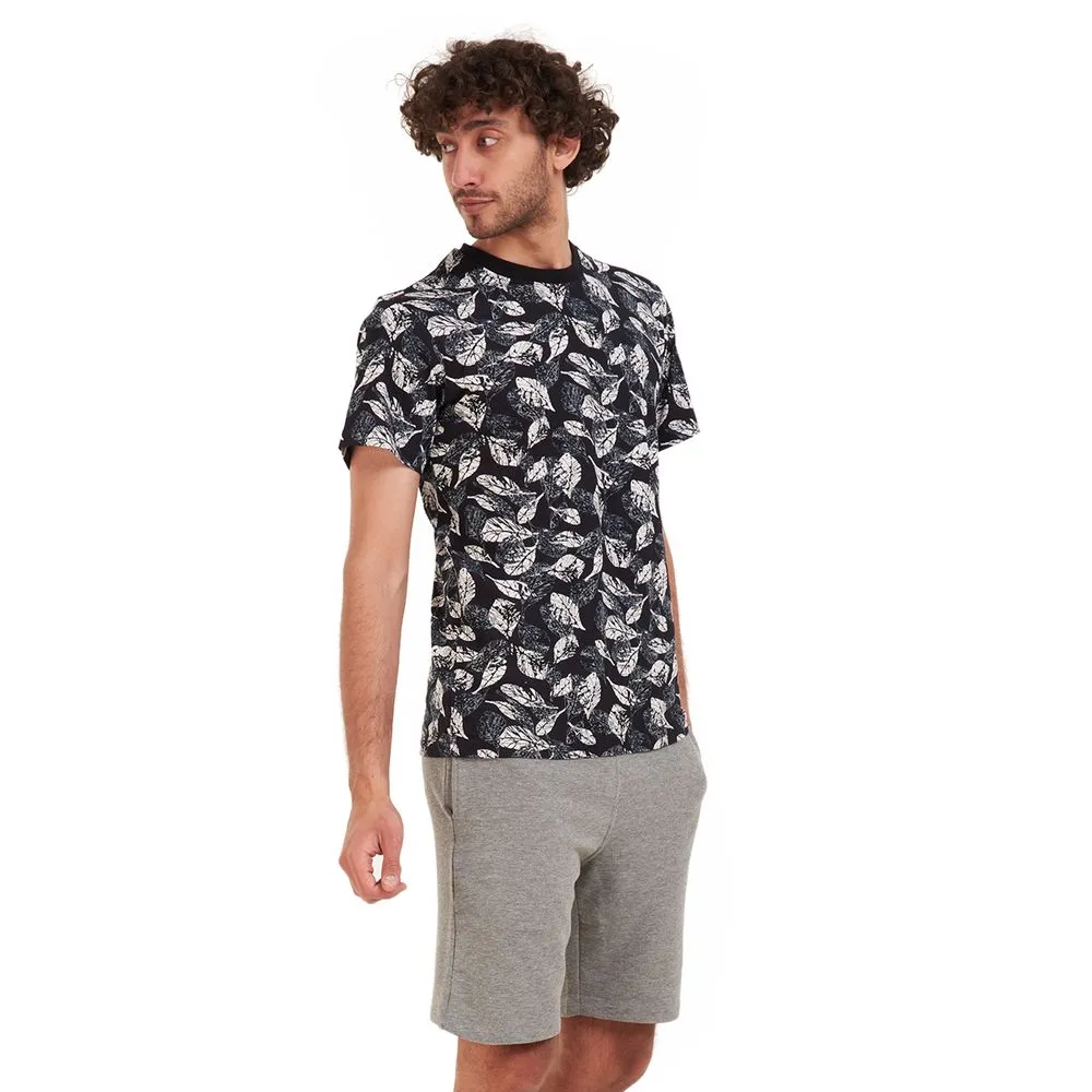 Men summer pajama set White leaves T-shirt  Dark grey shorts