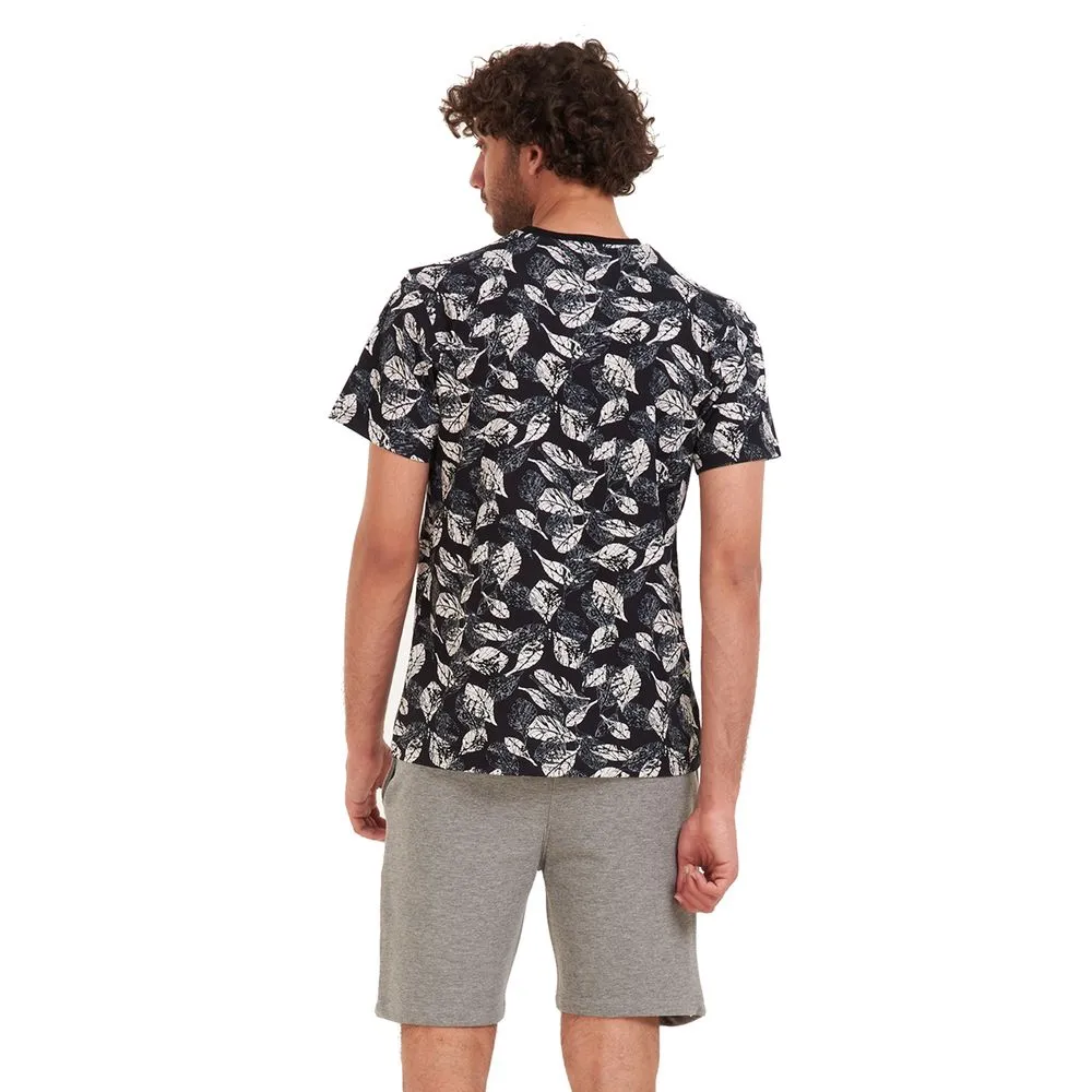 Men summer pajama set White leaves T-shirt  Dark grey shorts