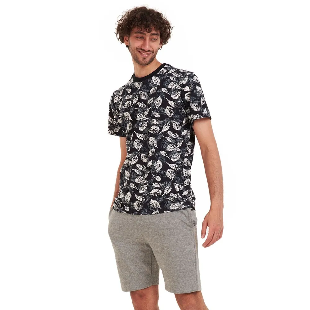 Men summer pajama set White leaves T-shirt  Dark grey shorts