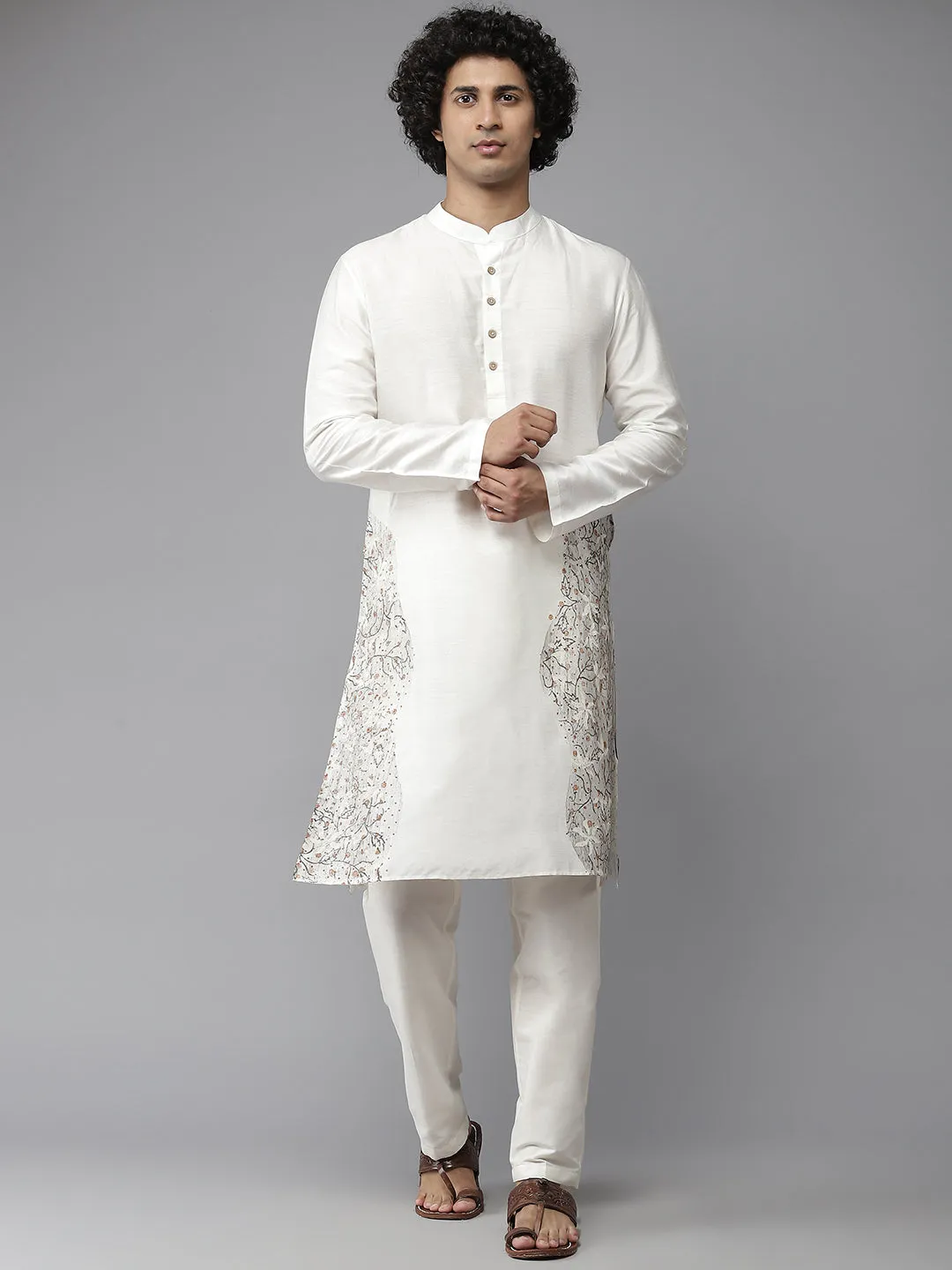 Men White Cotton Slik Straight Kurta