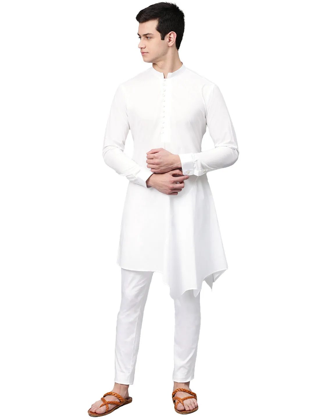 Men White Solid Asymmetrical Kurta With Pyjama