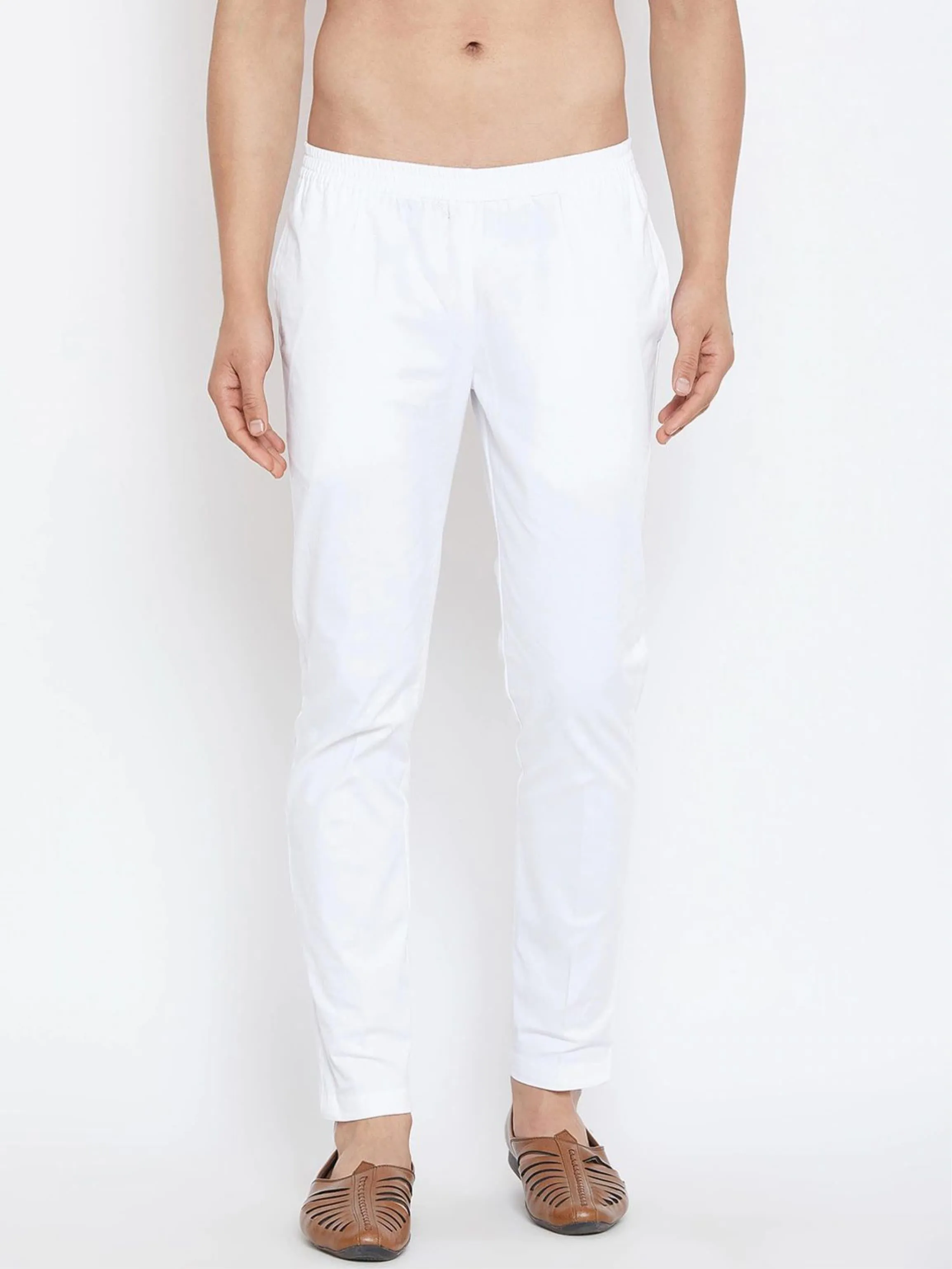 Men White Solid Asymmetrical Kurta With Pyjama