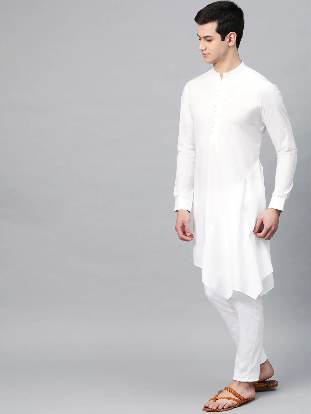 Men White Solid Asymmetrical Kurta With Pyjama