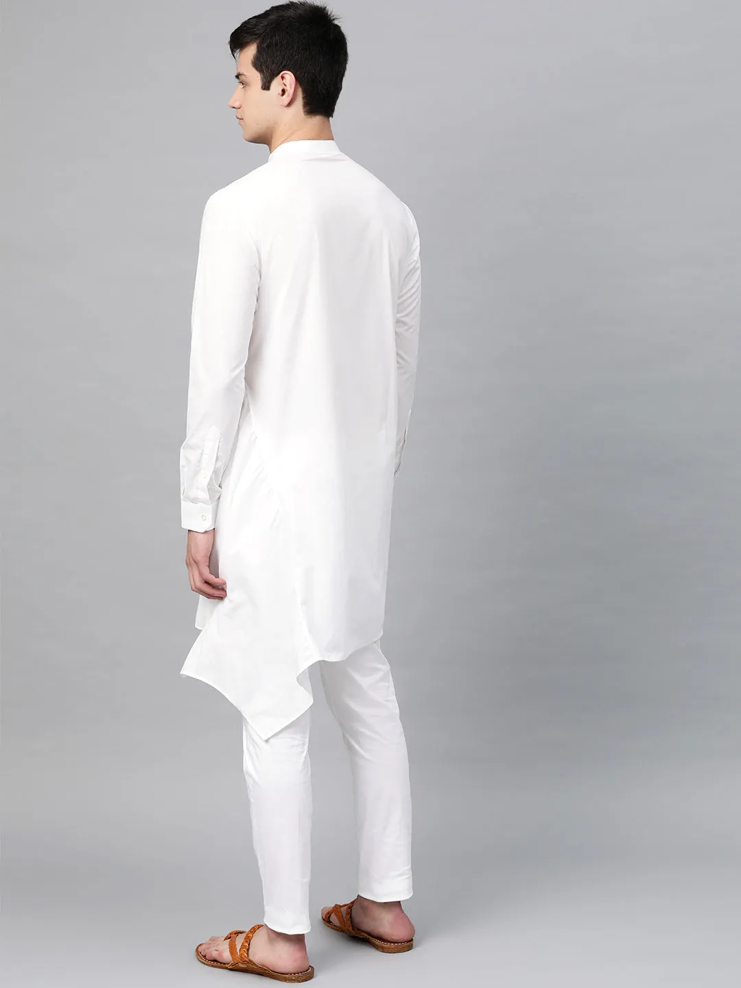 Men White Solid Asymmetrical Kurta With Pyjama
