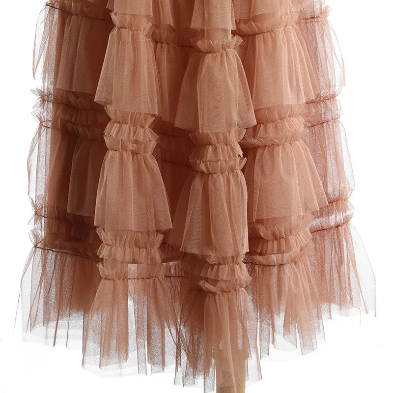 Patchwork Ruffle Black Skirt For Women High Waist Casual Ball Gown Skirts Female Fashion Clothing Spring