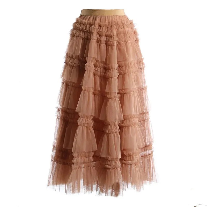 Patchwork Ruffle Black Skirt For Women High Waist Casual Ball Gown Skirts Female Fashion Clothing Spring
