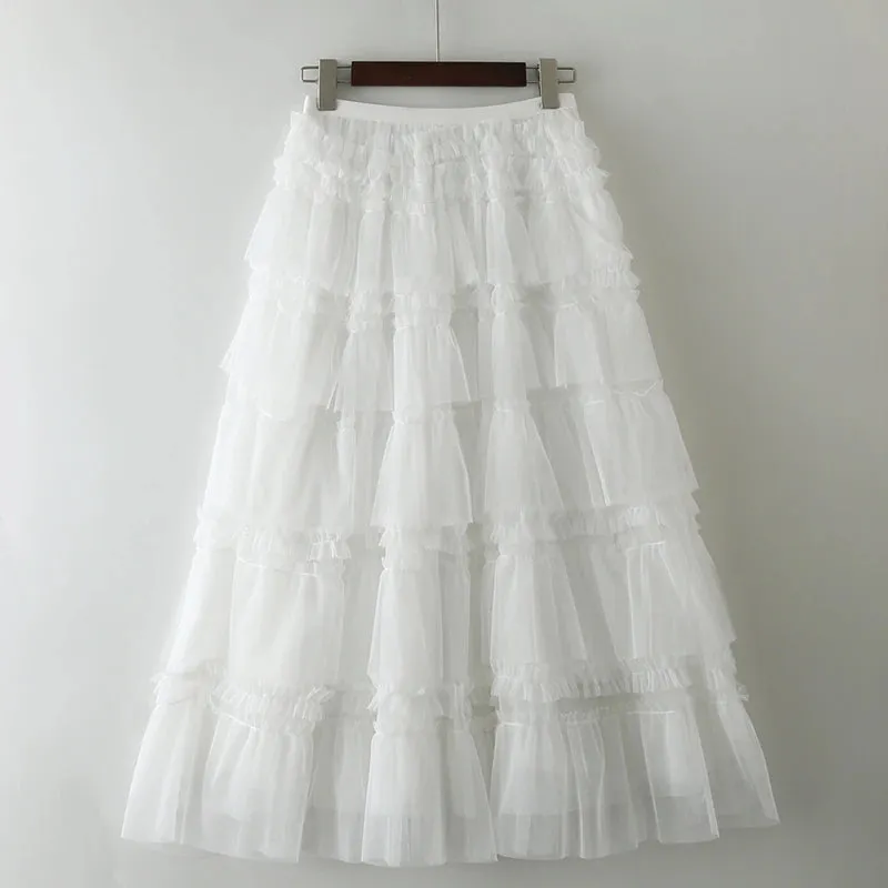 Patchwork Ruffle Black Skirt For Women High Waist Casual Ball Gown Skirts Female Fashion Clothing Spring